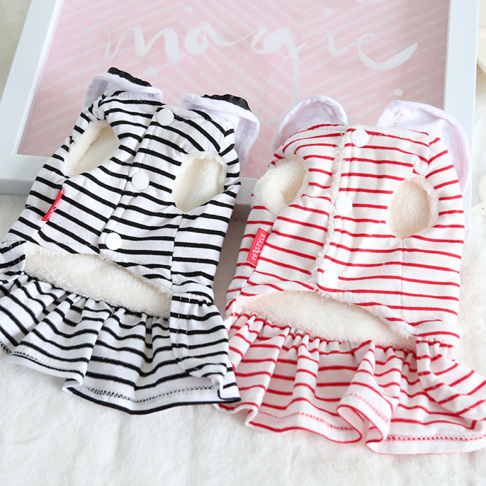 petstyle autumn and winter big bow striped skirt pet dog cotton skirt plus velvet bib cat owner
