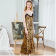 Pajamas silk ladies summer nightdress leopard pattern sexy suspenders nightdress with chest pad home service CQ1350