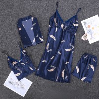 Version of silk sexy pajamas female four-piece summer suspenders shorts outer robe home service 1275