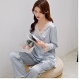 Summer spring and summer new products simulation silk ladies pajamas V-neck long-sleeved trousers suit large size home service CP
