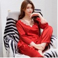 Summer spring and summer new products simulation silk ladies pajamas V-neck long-sleeved trousers suit large size home service CP