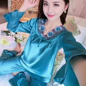 Spring and autumn winter pajamas female long-sleeved Korean version of the simulation silk suit ice silk XL home service can be worn outside