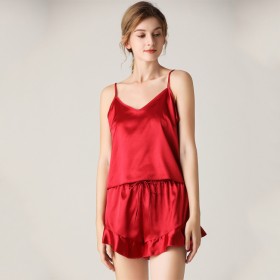 Summer and summer ladies simulation silk pajamas silk V-neck suspenders shorts two-piece pajamas home service suit DL