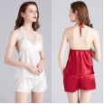 Sexy pajamas ladies spring and autumn summer lace perspective beautiful back hanging neck straps suspenders shorts home service YT