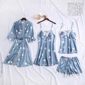 Spring and summer new simulation silk ladies cardigan lace robe mid-sleeved shorts nightgown ice silk printing four CP