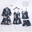 Spring and summer new simulation silk ladies cardigan lace robe mid-sleeved shorts nightgown ice silk printing four CP