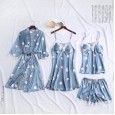 Spring and summer new simulation silk ladies cardigan lace robe mid-sleeved shorts nightgown ice silk printing four CP