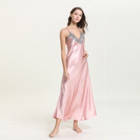 Spring and autumn summer simulation silk pajamas women's lace sexy V-neck long suspenders nightdress home service generation DL