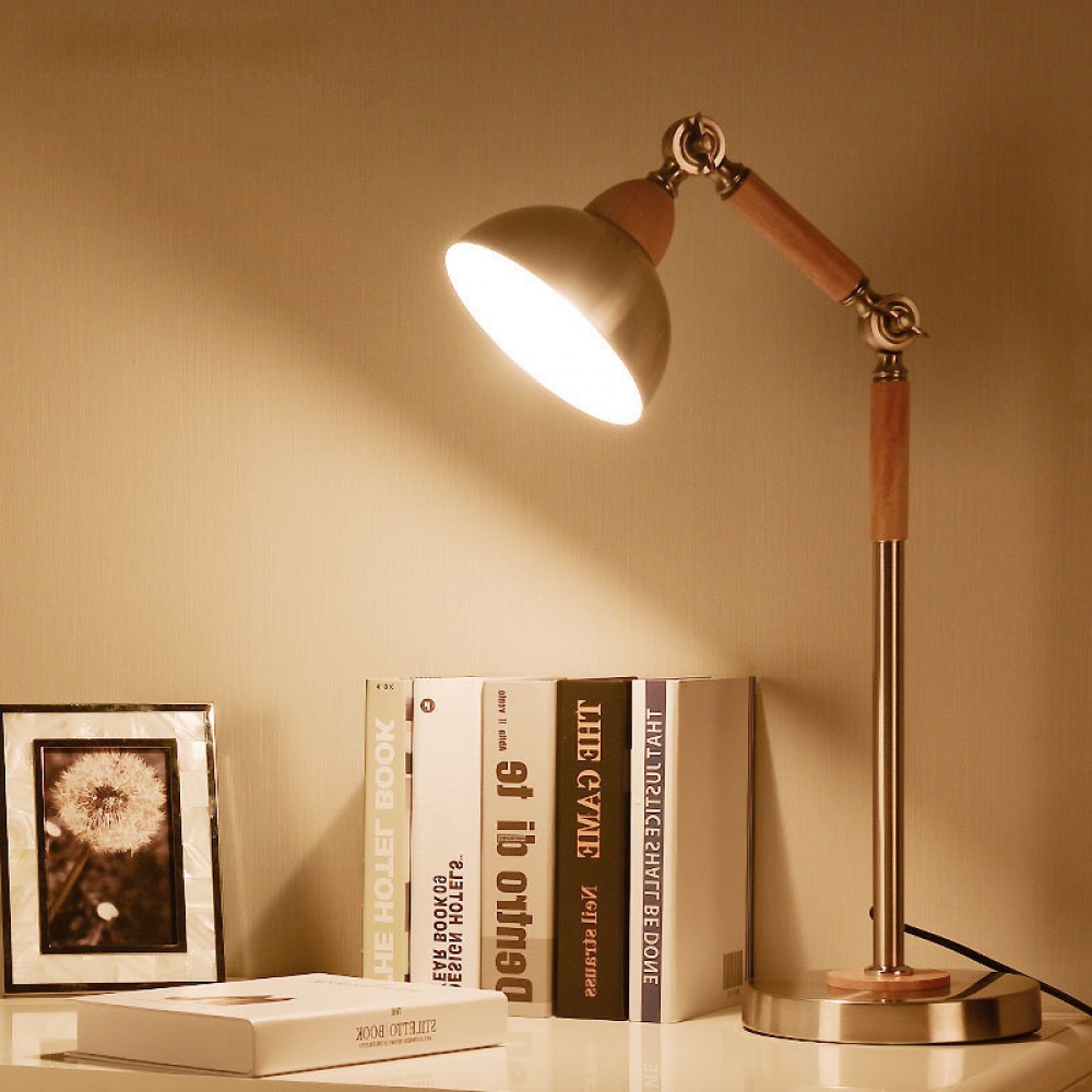 Nordic solid wood reading table lamp eye protection simple creative net red office study bedroom bedside iron table lamp