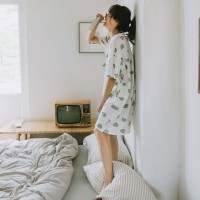Women's Adult Knitted Cotton Printed Home Service Strawberry White Loquat Pajamas Skirt Summer Short Sleeve Set