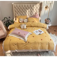 Explosion Na Fu Lucky Cat Embroidery Bedding Yellow Red Pink Simple Pure Cotton Tribute Satin Long Four-piece