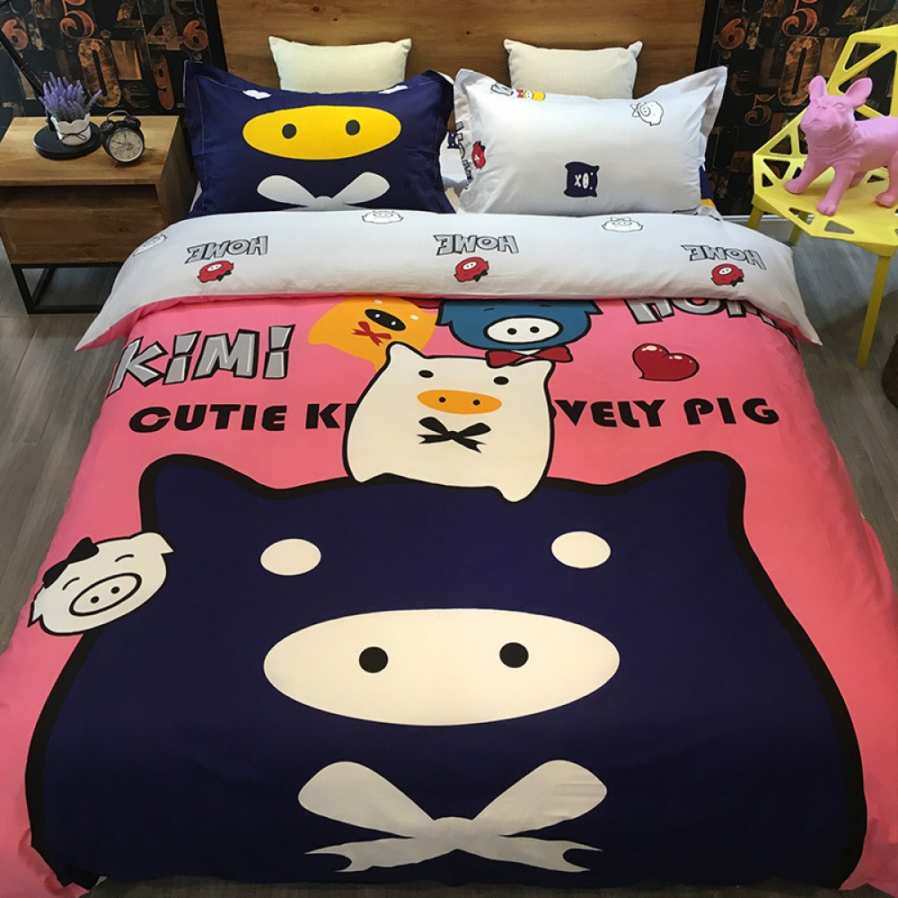 Cartoon tide brand bedding cotton pig printing active fashion cotton four-piece suit