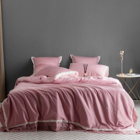 Pink Hollow Lace Solid Color 60 Long-staple Cotton Embroidery Four-Piece Simple Cotton Plain Plain Double Bedding