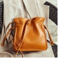 Leather handbags fashion new bucket bag first layer cowhide ladies shoulder strap drawstring buckle messenger handbag