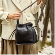 Leather handbags fashion new bucket bag first layer cowhide ladies shoulder strap drawstring buckle messenger handbag