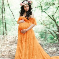 Women's lace pregnant women trailing short-sleeved one-piece dress skirt photography flying flying sleeve dress 8919