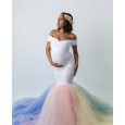 Women's lace stitching mesh yarn pregnant women trailing short-sleeved dress long skirt photography trailing dress 1921