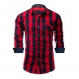 New European code men's casual color matching plaid long sleeve shirt cardigan lapel loose shirt 5-2