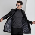 Medium men's eco-leather windbreaker mid-length Haining suit collar leather jacket men plus velvet leather coat