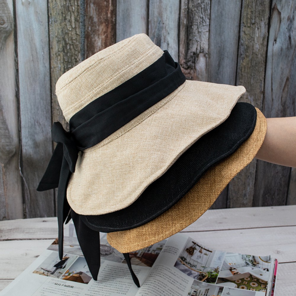 Hat female Xia Keza horsetail sunscreen linen fisherman hat Japanese bow big eaves sun hat folding face mask