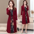 Fake two-piece lace dress, long-sleeved autumn dress, mother dress, female large size slim mid-length bottoming skirt