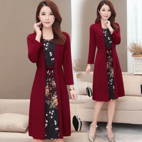 Fake two-piece lace dress, long-sleeved autumn dress, mother dress, female large size slim mid-length bottoming skirt