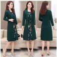 Fake two-piece lace dress, long-sleeved autumn dress, mother dress, female large size slim mid-length bottoming skirt