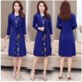 Fake two-piece lace dress, long-sleeved autumn dress, mother dress, female large size slim mid-length bottoming skirt