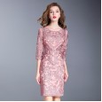 Spring and summer new women's round neck mid-sleeved skirt step dress slim dress