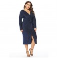 Spring new plus size fat mm large size women's V-neck dress dress skirt