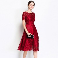 Xia's new large size women's fit body mesh lace dress was thin and versatile short-sleeved A-line skirt