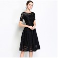 Xia's new large size women's fit body mesh lace dress was thin and versatile short-sleeved A-line skirt
