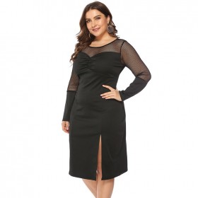 Autumn and winter new large size women's fat mm long-sleeved dress dress mesh perspective split bottoming skirt