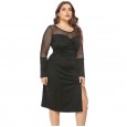 Autumn and winter new large size women's fat mm long-sleeved dress dress mesh perspective split bottoming skirt