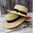 Small fresh straw hat flat top small bow wheat straw hat female beach Korean sunscreen sun hat