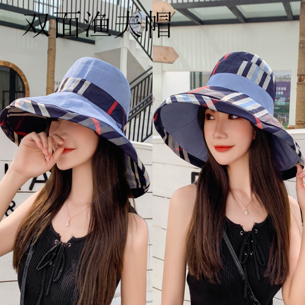 New style hat spring and summer female super large eaves fisherman hat contrast color lattice sun hat double-sided with sun hat travel