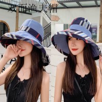 New style hat spring and summer female super large eaves fisherman hat contrast color lattice sun hat double-sided with sun hat travel
