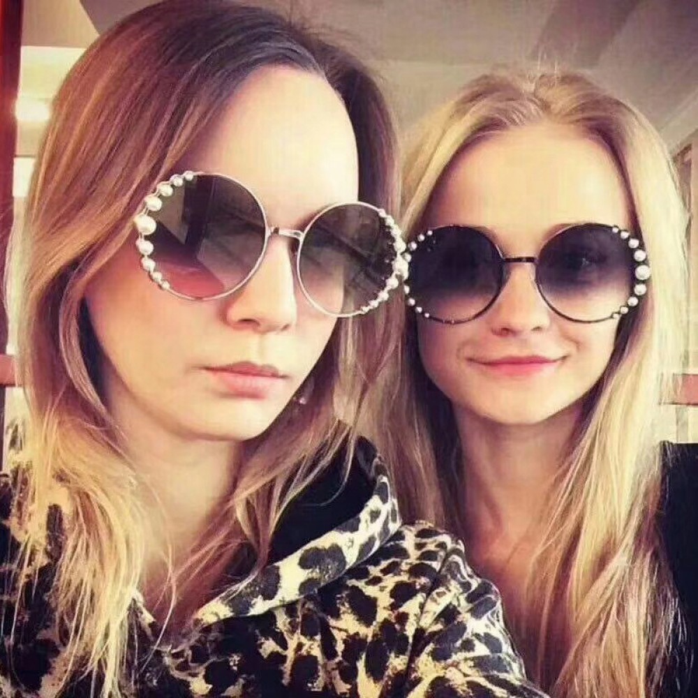 New ladies round fashion sunglasses trend temperament pearl embellished sunglasses metal frame sunglasses