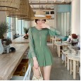 New one-piece swimsuit female conservative skirt style solid color halter swimsuit female cover belly was thin hot spring swimsuit