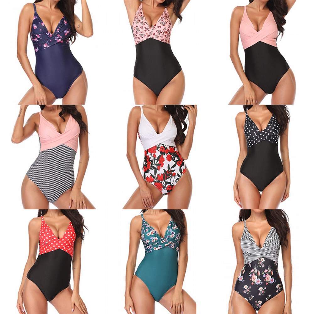 New one-piece swimsuit plus size 2XL wave dot printing one-piece swimsuit female