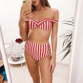 New Bikini Women&#39;s Striped Shoulder Bag High Waist Seaside Split