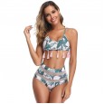 New high waist bikini mesh yarn stitching high waist leaf print sexy