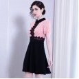 Spring new V-neck contrast color stitching lace dress short-sleeved temperament waist slimming A-line skirt women