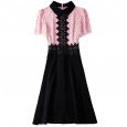 Spring new V-neck contrast color stitching lace dress short-sleeved temperament waist slimming A-line skirt women