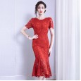 Hollow lace dress female spring new temperament round neck ladies waist slim fit bag hip fishtail skirt