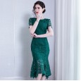 Hollow lace dress female spring new temperament round neck ladies waist slim fit bag hip fishtail skirt