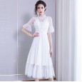 Net yarn cotton lace dress spring new trumpet sleeve small high-necked temperament fairy waist mid-length skirt