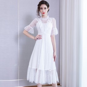 Net yarn cotton lace dress spring new trumpet sleeve small high-necked temperament fairy waist mid-length skirt