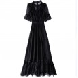 Net yarn cotton lace dress spring new trumpet sleeve small high-necked temperament fairy waist mid-length skirt
