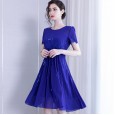 Spring new round neck waist skirt sequins pleated short-sleeved dress was thin and reduced age A-line skirt women